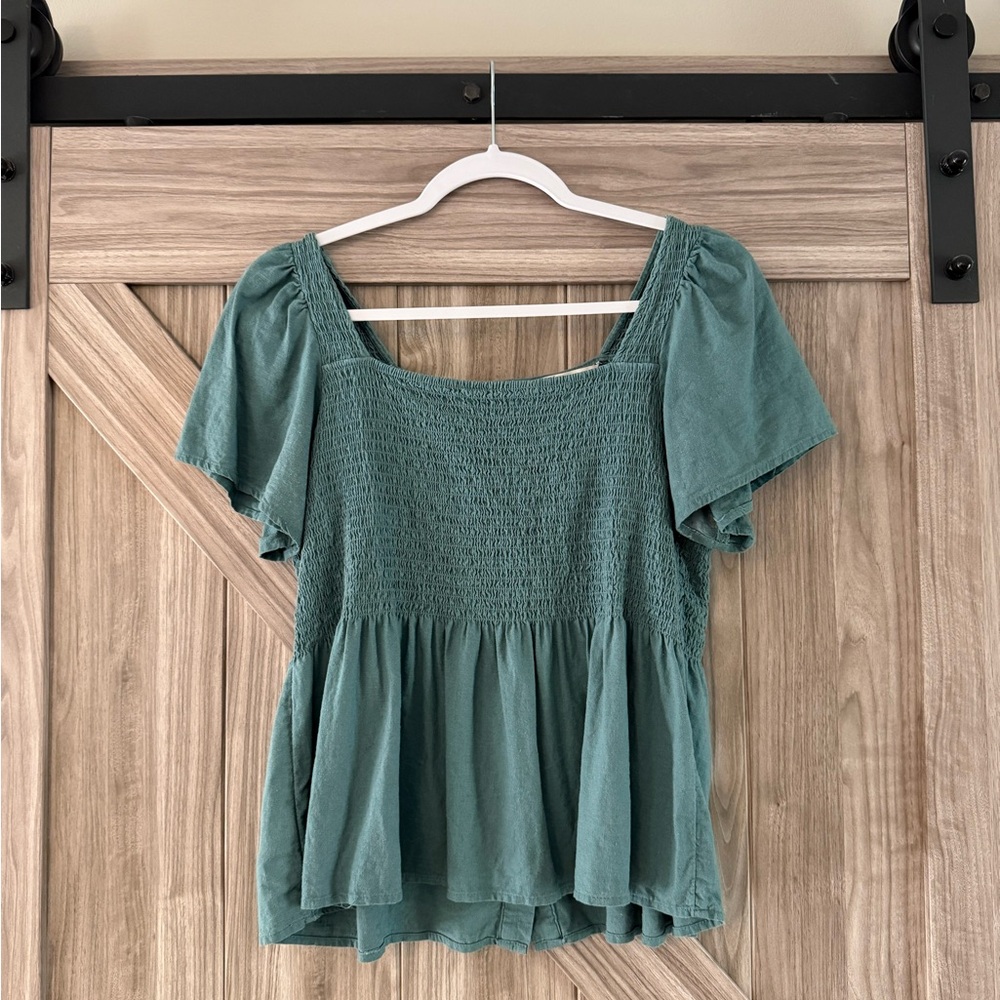 Madewell Teal Smocked Square-Neck Peplum Top